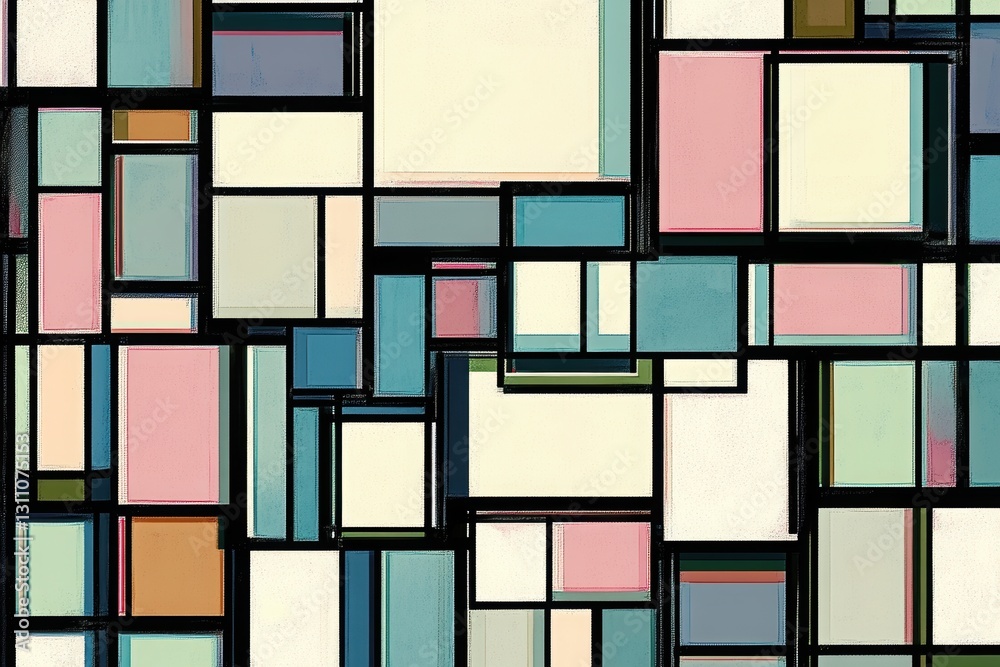 Poster geometric abstraction: a vibrant and intricate geometric pattern composed of rectangles and squares 