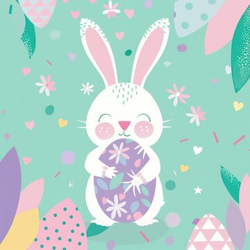 Easter Bunny Holding Oversized Decorated Egg in Flat Vector Style, Lavender and Mint Color Blocks, Geometric Flower Patterns, Confetti Explosion Background, Perfect for Spring Holiday Designs.