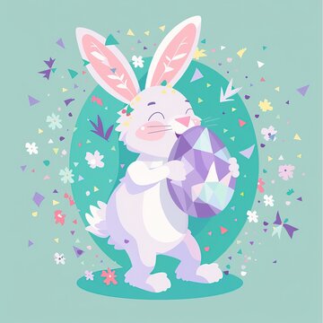 Easter Bunny Holding Oversized Decorated Egg in Flat Vector Style, Lavender and Mint Color Blocks, Geometric Flower Patterns, Confetti Explosion Background, Perfect for Spring Holiday Designs.