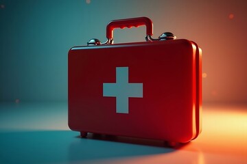 Fototapeta premium Cinematic close-up of a red first aid kit with a white cross, metallic latch, and soft glowing edges against a gradient blue background 