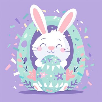 Easter Bunny Holding Oversized Decorated Egg in Flat Vector Style, Lavender and Mint Color Blocks, Geometric Flower Patterns, Confetti Explosion Background, Perfect for Spring Holiday Designs.