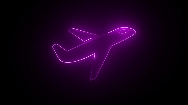 Glowing neon plane sign icon animation. Personal airplane, private jet, air journey and transportation, flight.