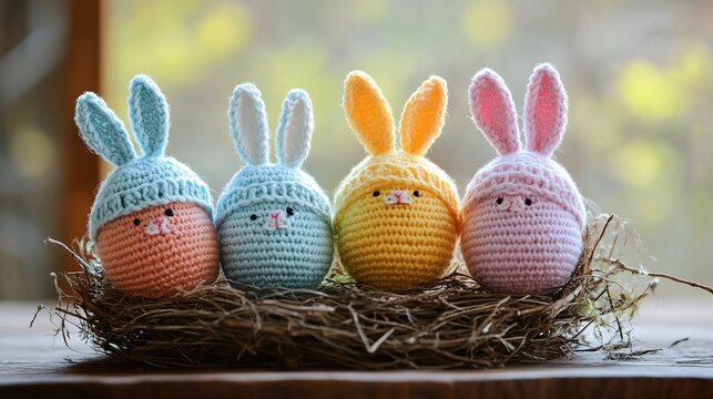 Four cute crochet Easter eggs, wearing rabbit ears, comfortably lying in a nest on a wooden table, celebrating Easter and holidays.