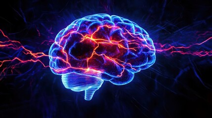 A brain-shaped light bulb glowing with electric currents of fresh ideas and smart solutions.