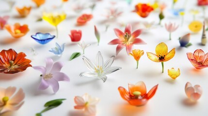 Fototapeta premium Colorful glass flowers on white background; spring decor
