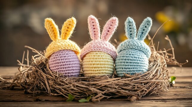 Four cute crochet Easter eggs, wearing rabbit ears, comfortably lying in a nest on a wooden table, celebrating Easter and holidays.