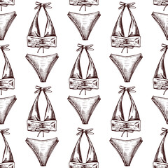 hand drawn seamless pattern with bikini top and bottoms in vintage style