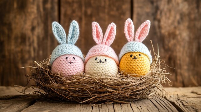 Four cute crochet Easter eggs, wearing rabbit ears, comfortably lying in a nest on a wooden table, celebrating Easter and holidays.