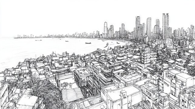 Contemporary Mumbai life continuous drawing, Bandra-Worli Sea Link, modern skyscrapers, traditional fishing villages, dabbawalas delivering tiffins, crowded local trains, Dharavi workshops, street