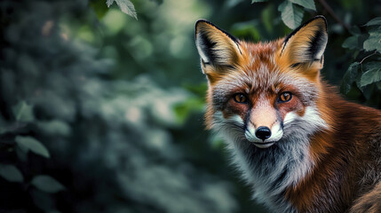Intense fox portrait with deep contrast and thick fur in forest setting