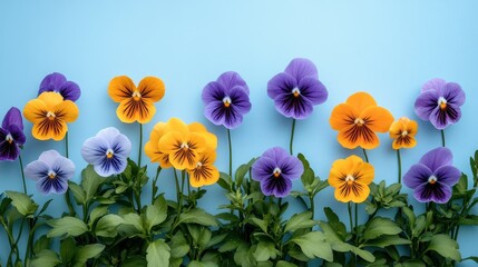 Yellow and purple flowers on pastel blue background. spring concept. conceptuality.