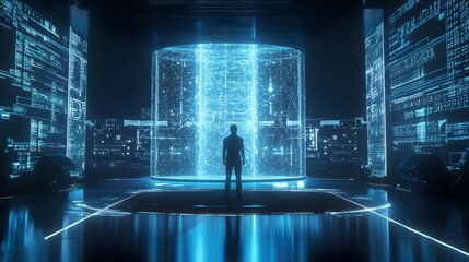 Futuristic Cityscape with Holographic Towers and Glowing Structures in Dramatic Nightscape