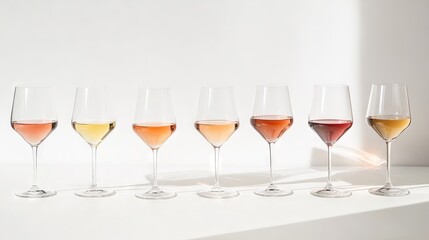 Fototapeta premium Elegant flat lay of crystal wine glasses filled with varying shades of rosÃ© wine, pristine white background, delicate light reflections, gradient from pale blush to salmon pink, stemmed glasses