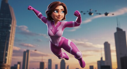 Pink Superhero Cityscape Powerful Ascent At Sunset