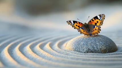 Fototapeta na wymiar Zen stone with butterfly, butterfly on zen stone, zen garden meditation stone background, and lines in the sand for relaxation balance harmony spirituality, or spa wellness. harmony.