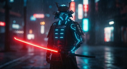 Naklejka premium Cyberpunk Samurai Vigilant Stance in Rainy Street