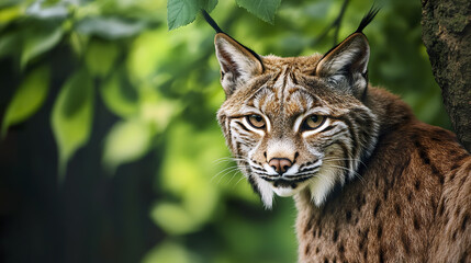 Portrait of lynx with intense gaze in lush green forest setting