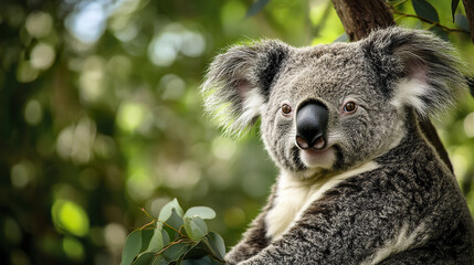 Obraz premium Koala with thick fur sitting on tree branch in lush greenery