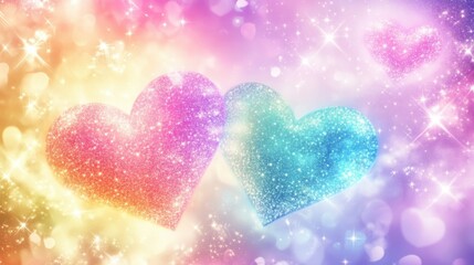 Fototapeta premium A colorful pastel galaxy with glowing hearts and twinkling celestial stars.