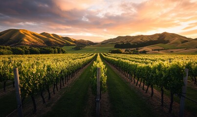 Fototapeta premium Golden hour vineyard rows in hills