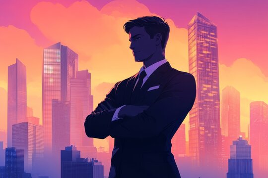 Vexel art of a confident businessman in a sleek suit. Standing with arms crossed against the city skyline Crisp vector details and bold gradients create a modern and powerful aesthetic.