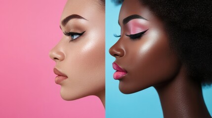 Professional makeup transformation showcasing bare face on the left and vibrant glamorous look on the right with detailed skin texture