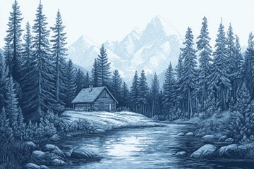 A serene Etch-A-Sketch landscape of a quiet cabin in the woods, surrounded by tall pine trees and a peaceful river. The fine line work creates a calming and rustic feel.
