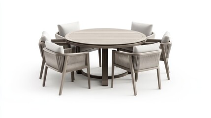 modern circular patio table with matching chairs isolated on pure white background, clean minimal furniture photography, commercial product shot, sleek outdoor dining set