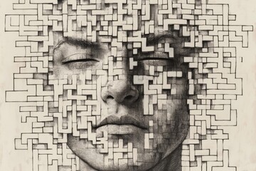 A surreal Etch-A-Sketch portrait of a face dissolving into abstract geometric patterns. The intricate cross-hatching and maze-like details evoke a sense of mystery and introspection.