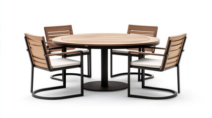 modern circular patio table with matching chairs isolated on pure white background, clean minimal furniture photography, commercial product shot, sleek outdoor dining set