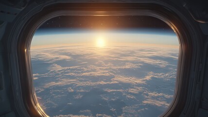 Naklejka premium Sunrise Over Earth From Spacecraft Porthole