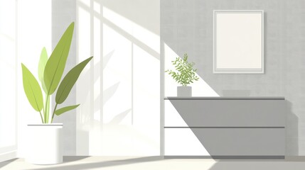 Sunny modern apartment interior, plants, dresser, sunlight