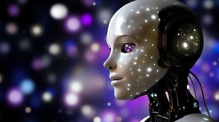 A captivating close-up of an AI robot's profile reveals its head and neck bathed in a soft, internal glow, 