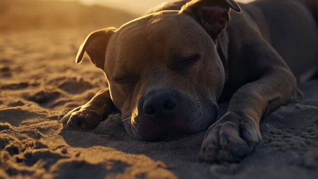 Pitbull Sleeping on Beach at Sunset