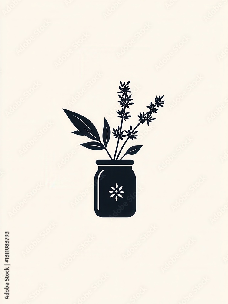 Poster elegant minimalist spice jar logo featuring simple black and white design with herbal branding eleme