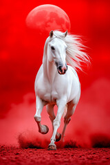A white horse running in front of a red moon
