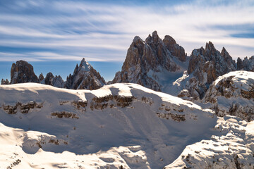 The snow-covered Italian Dolomites. Peaks of Italian Dolomites covered with snow in winter. 