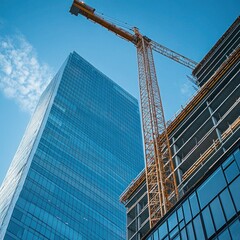 Fototapeta premium A construction crane framed by scaffolding at a residential development site