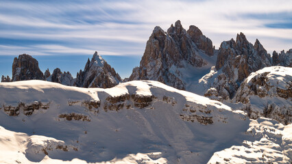 The snow-covered Italian Dolomites. Peaks of Italian Dolomites covered with snow in winter. 