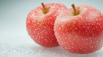 Two Red Apples with Water Droplets on Light Gray Background