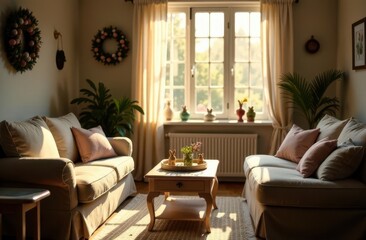 Fototapeta premium Cozy living room adorned with spring decor and natural light in the afternoon