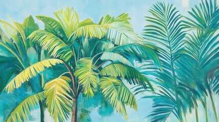 Fototapeta premium tropical palm tree, lush green leaves, clear blue sky, detailed texture, botanical illustration, vibrant colors, serene nature setting