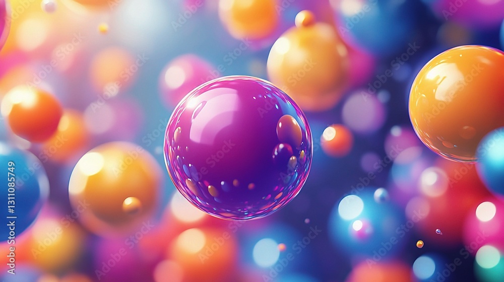 Poster colorful abstract 3d spheres floating in space with lines and depth