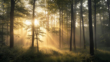 Fototapeta premium Golden sunrise rays in a misty green forest landscape fog calm trees light woods nature scenic serene