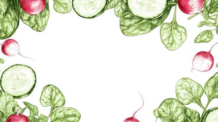 Repeating vegetable border with artistically drawn cucumber slices, spinach leaves, and radishes, hand-sketched botanical elements, gestural drawing style, dynamic composition, fresh green tones on