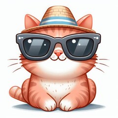 Naklejka premium Charming cat in sunglasses and hat, enjoying a warm day