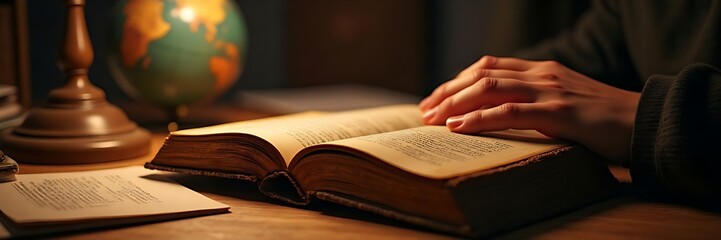 Fototapeta premium Reading Old Book at Wooden Desk, Cozy Studious Atmosphere