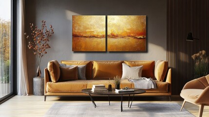 An Interior Living Room Decorated with Modern Furniture and Art