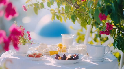 Santorini cliffside breakfast terrace, panoramic Aegean Sea view, Mediterranean breakfast spread, Greek yogurt parfaits, honey drizzle, fresh figs, espresso cups, white-washed architecture, blue dome