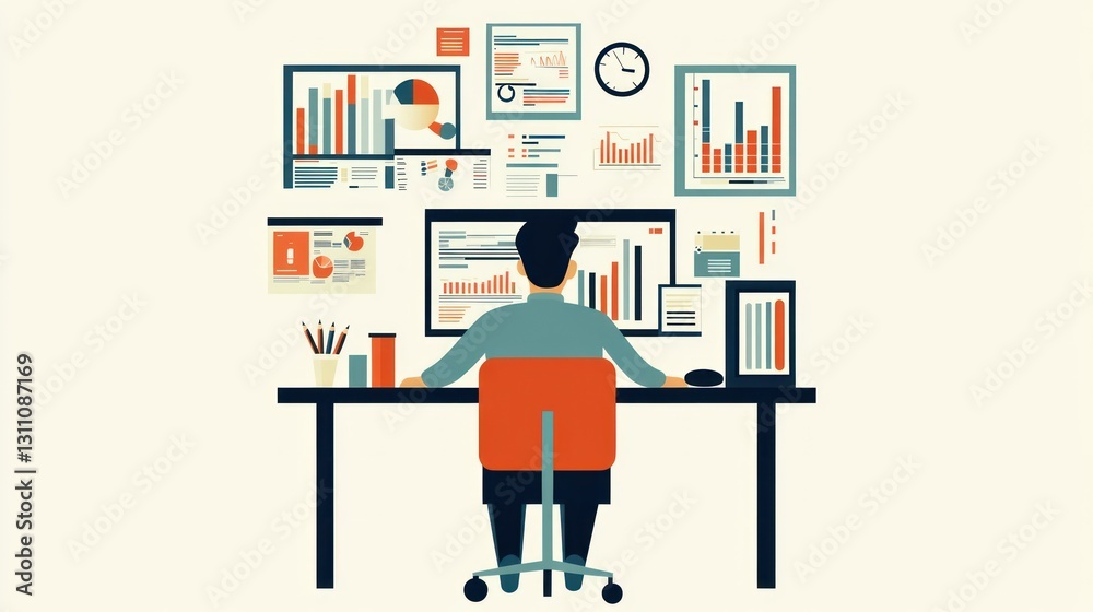 Poster businessman working at computer with multiple graphs and charts